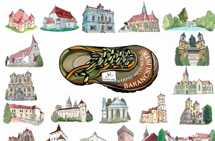 Kárpát medencei bakancslista grafika túracipő és várak illusztrációi